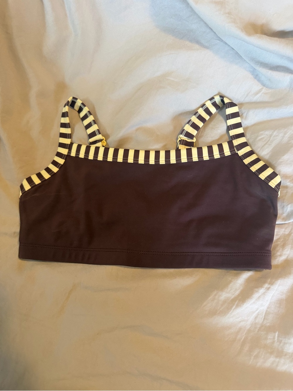 Striped-Trim Sports Bra in Brown and Cream